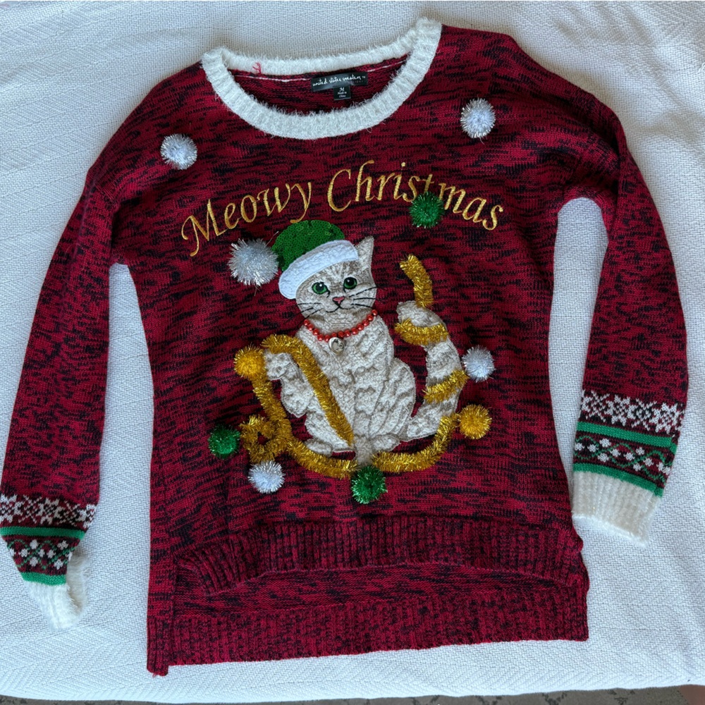 Meowy Christmas Ugly Cat Sweater Red and White Sweater with Bell